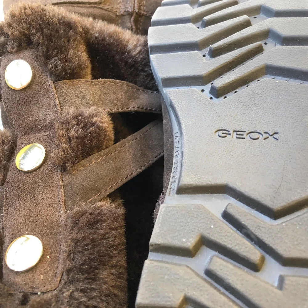 GEOX Mid-Calf Boot Dark Brown Suede Faux FUR Buckles Straps Studs
